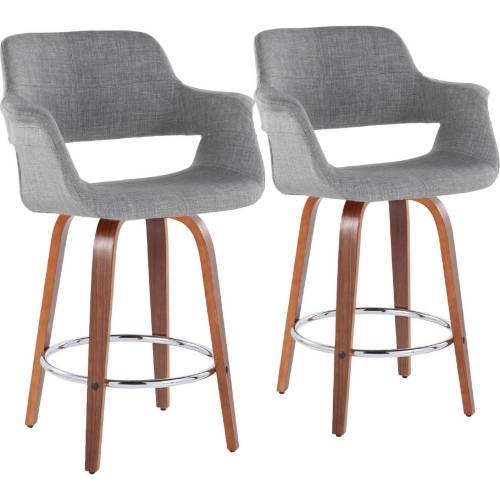 Vintage Flair 26" Swivel Counter Stool in Walnut Wood & Light Grey Fabric & Chrome (Set of 2)